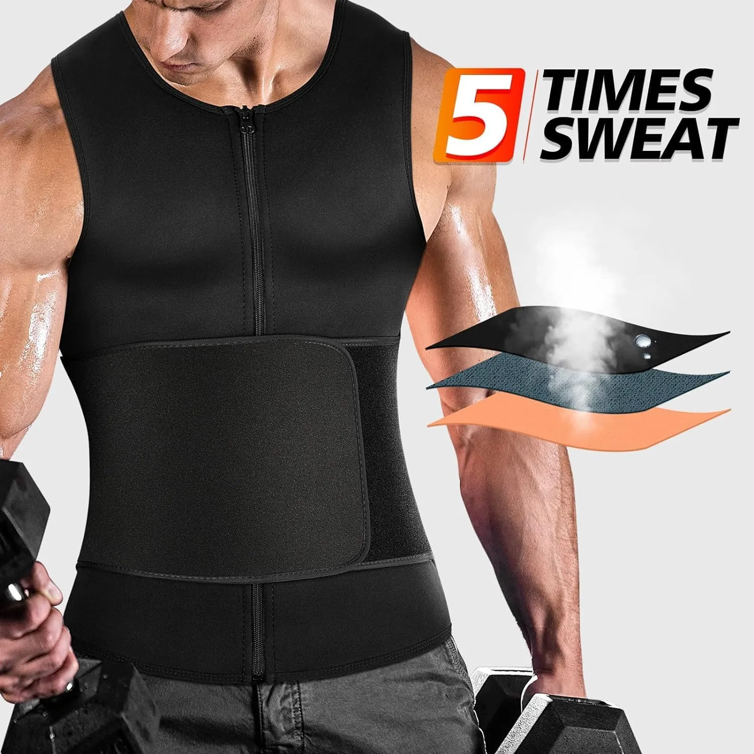 Cimkiz Men's Waist Trainer Sauna Suit Shirt, Gym & Exercise Compression Vest, Sweat-Boosting Workout Top