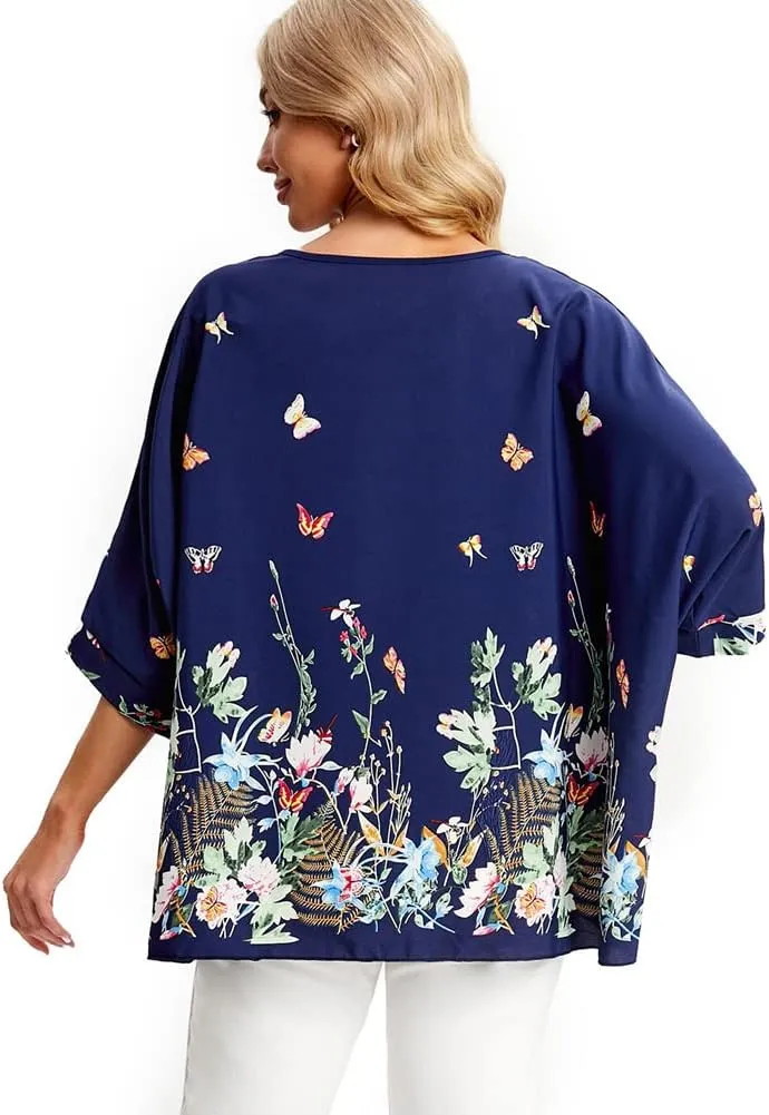 Ckikiou Womens Batwing Loose Chiffon Summer Blouse Tunic Floral Printed Boho Beach Cover ups