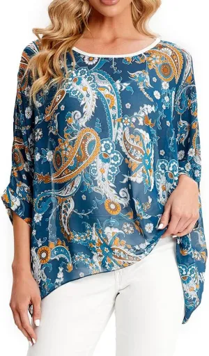 Ckikiou Womens Batwing Loose Chiffon Summer Blouse Tunic Floral Printed Boho Beach Cover ups