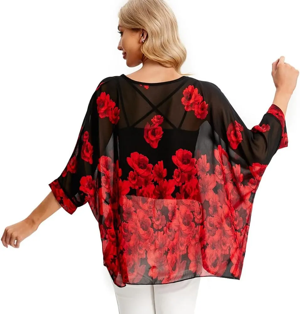 Ckikiou Womens Batwing Loose Chiffon Summer Blouse Tunic Floral Printed Boho Beach Cover ups