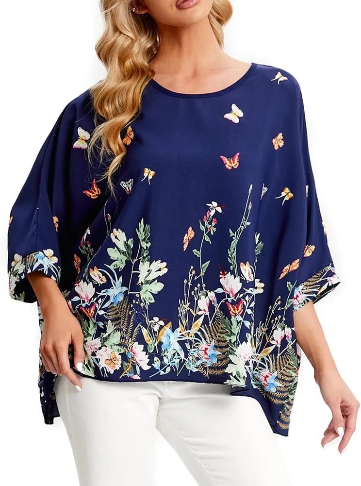 Ckikiou Womens Batwing Loose Chiffon Summer Blouse Tunic Floral Printed Boho Beach Cover ups