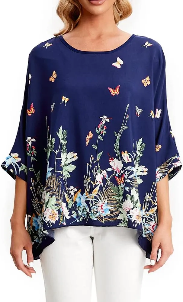 Ckikiou Womens Batwing Loose Chiffon Summer Blouse Tunic Floral Printed Boho Beach Cover ups