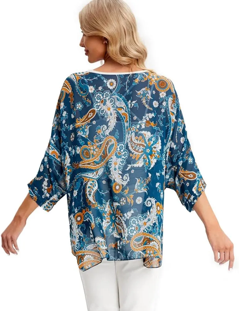 Ckikiou Womens Batwing Loose Chiffon Summer Blouse Tunic Floral Printed Boho Beach Cover ups
