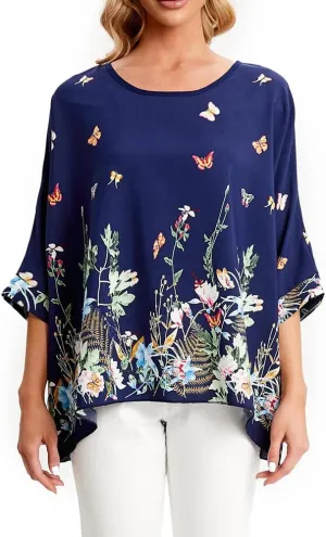 Ckikiou Womens Batwing Loose Chiffon Summer Blouse Tunic Floral Printed Boho Beach Cover ups