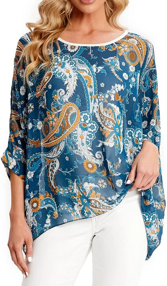 Ckikiou Womens Batwing Loose Chiffon Summer Blouse Tunic Floral Printed Boho Beach Cover ups