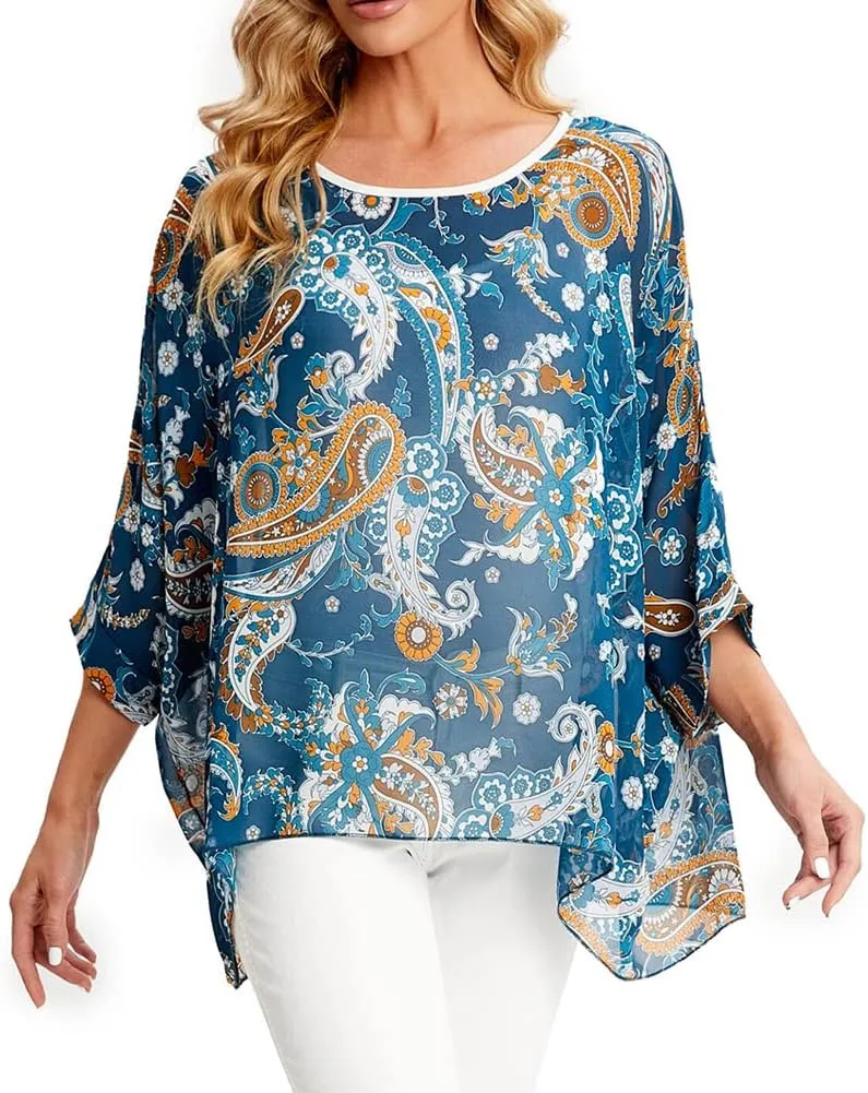 Ckikiou Womens Batwing Loose Chiffon Summer Blouse Tunic Floral Printed Boho Beach Cover ups