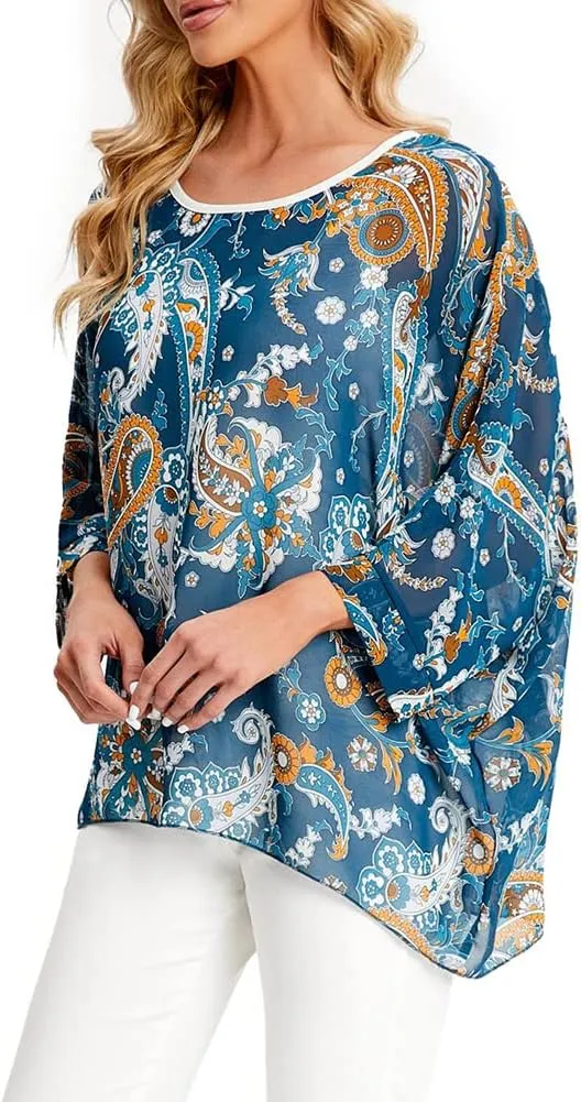 Ckikiou Womens Batwing Loose Chiffon Summer Blouse Tunic Floral Printed Boho Beach Cover ups