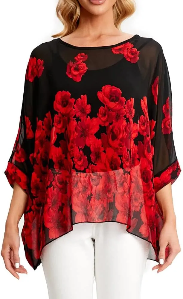 Ckikiou Womens Batwing Loose Chiffon Summer Blouse Tunic Floral Printed Boho Beach Cover ups