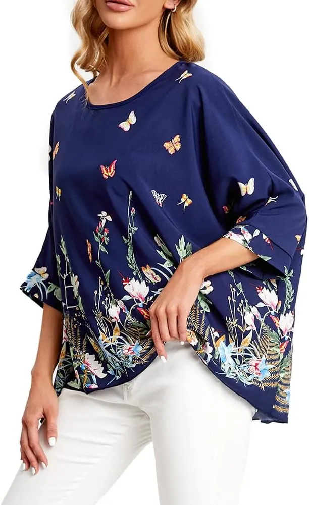 Ckikiou Womens Batwing Loose Chiffon Summer Blouse Tunic Floral Printed Boho Beach Cover ups