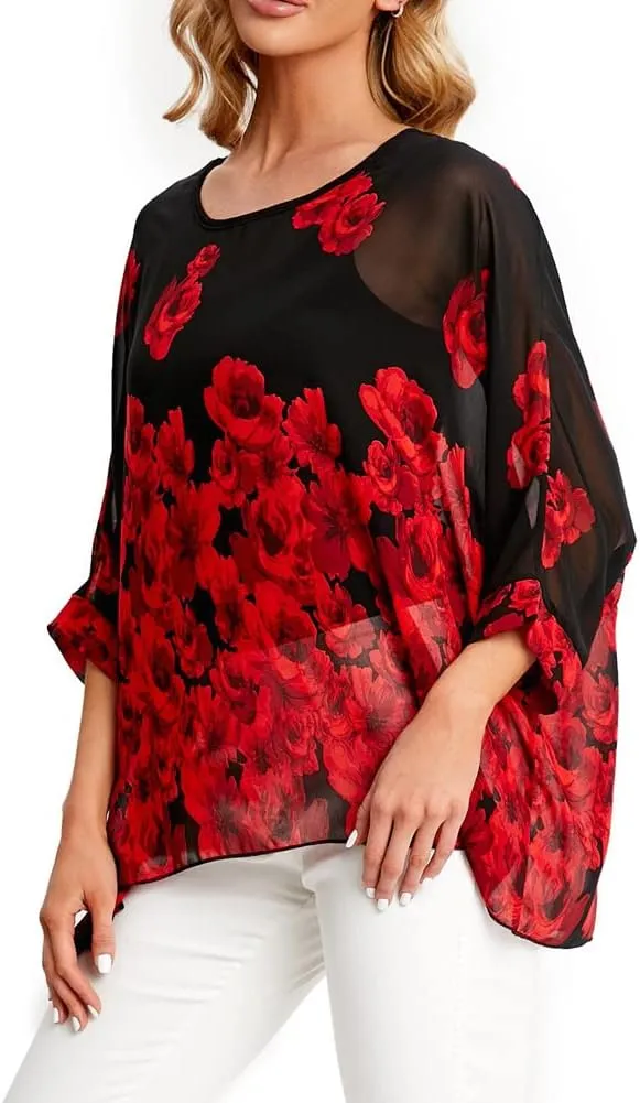 Ckikiou Womens Batwing Loose Chiffon Summer Blouse Tunic Floral Printed Boho Beach Cover ups