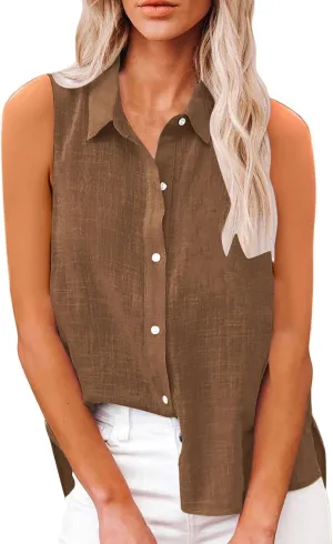 Cotton Linen Shirts for Women Sleeveless Collared Tops Oversized Button Up Blouses Work Shirts Casual Summer Tshirt