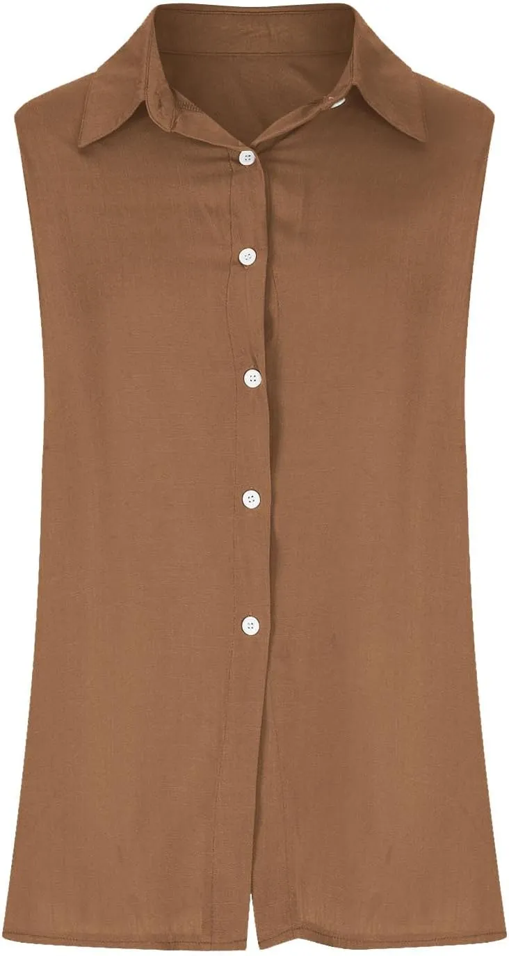 Cotton Linen Shirts for Women Sleeveless Collared Tops Oversized Button Up Blouses Work Shirts Casual Summer Tshirt