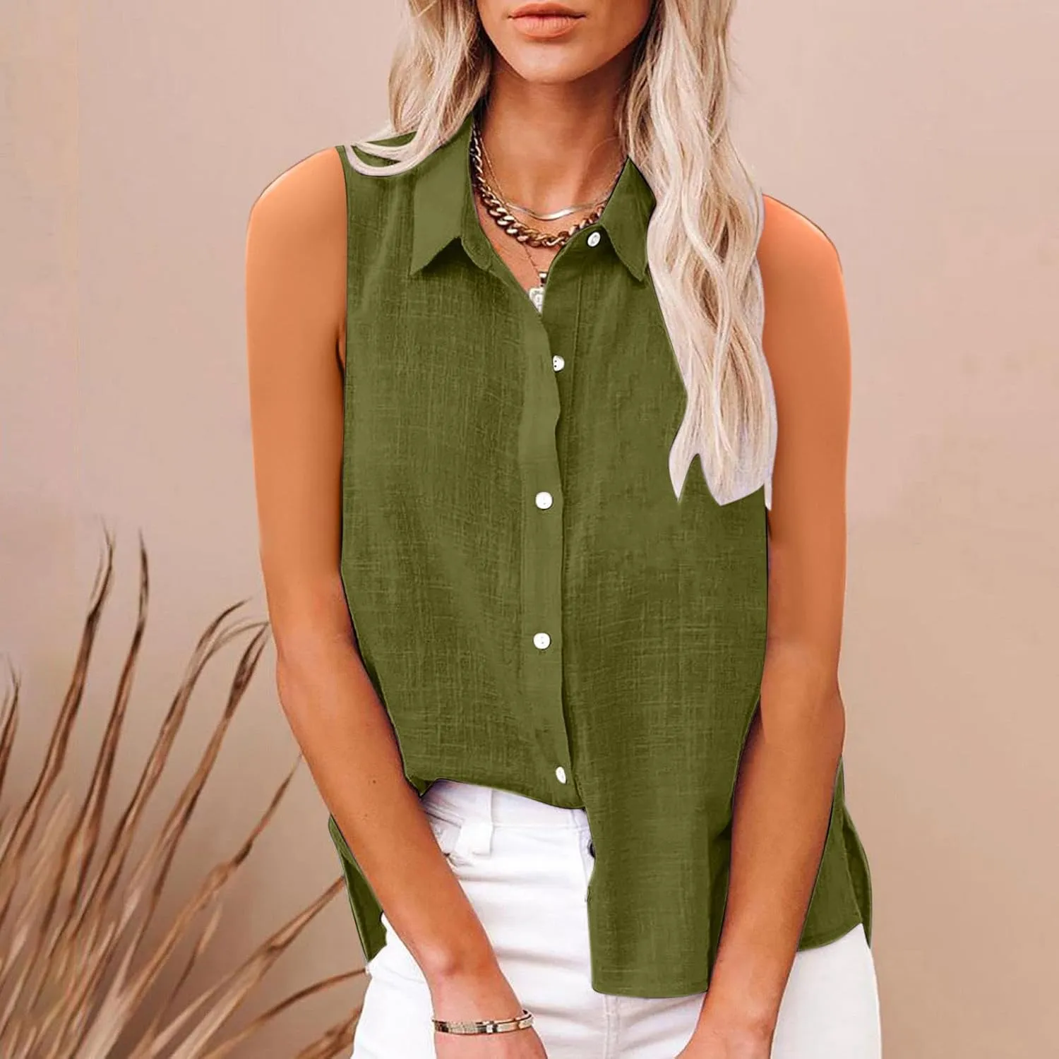 Cotton Linen Shirts for Women Sleeveless Collared Tops Oversized Button Up Blouses Work Shirts Casual Summer Tshirt