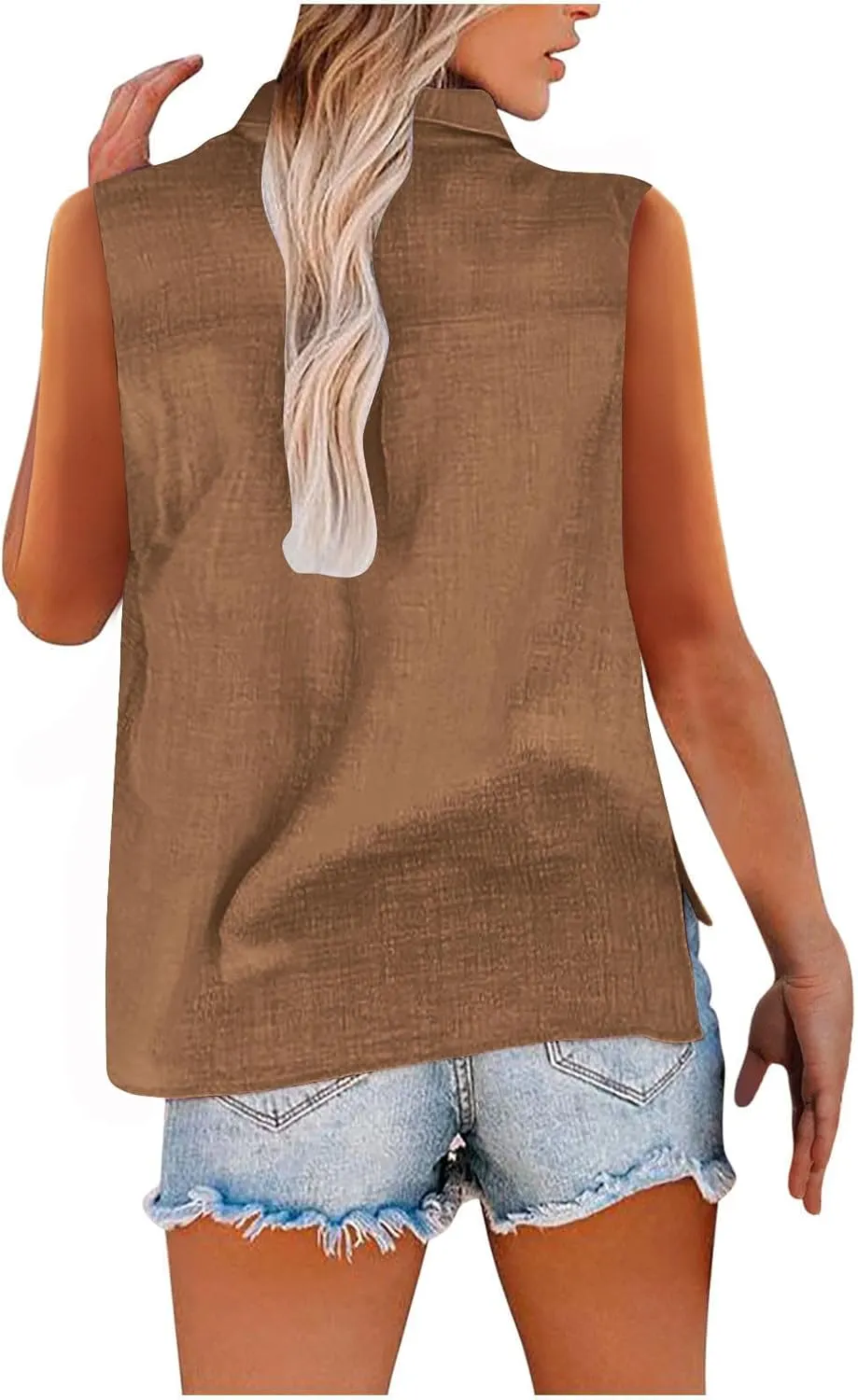 Cotton Linen Shirts for Women Sleeveless Collared Tops Oversized Button Up Blouses Work Shirts Casual Summer Tshirt