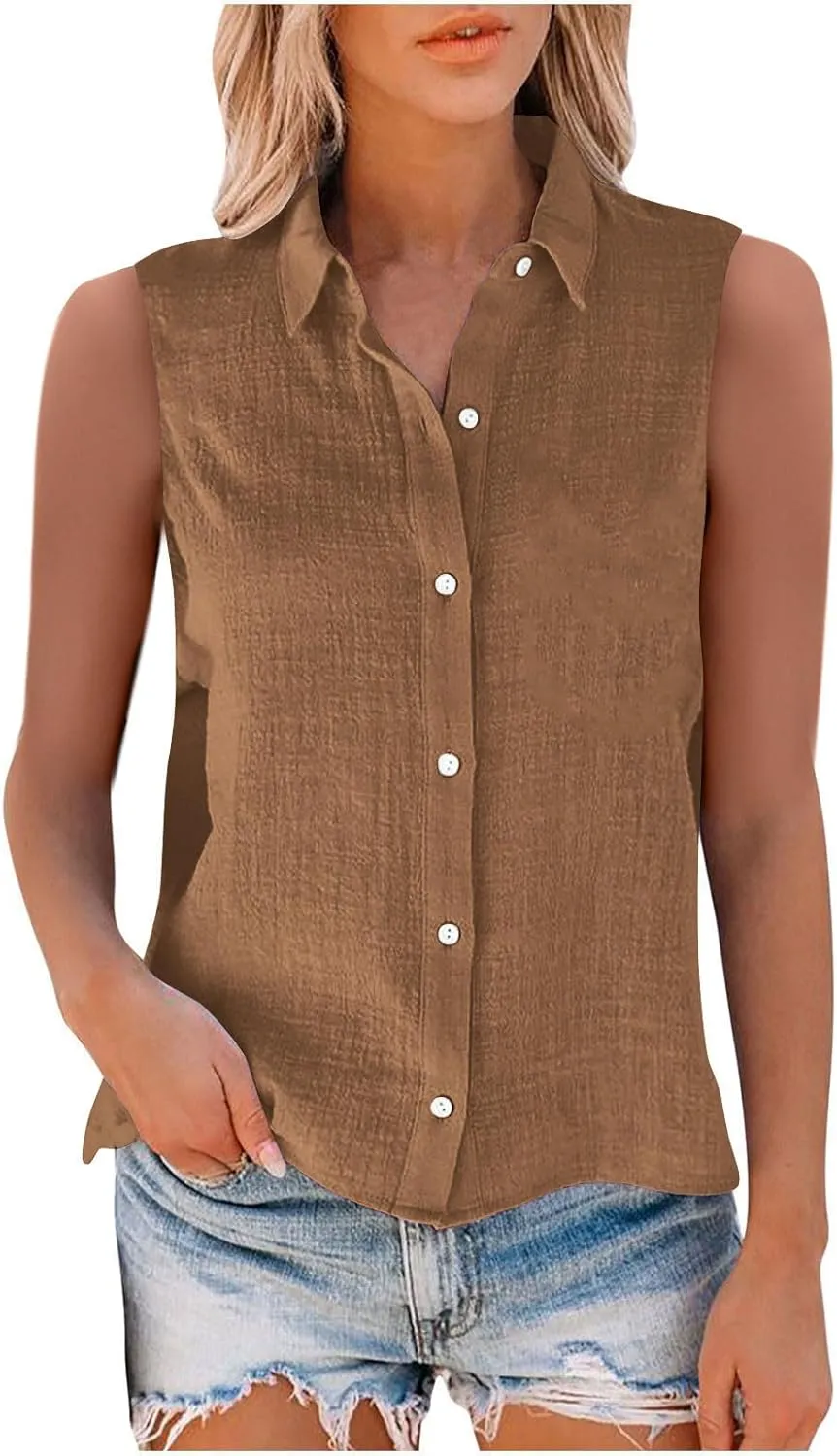 Cotton Linen Shirts for Women Sleeveless Collared Tops Oversized Button Up Blouses Work Shirts Casual Summer Tshirt