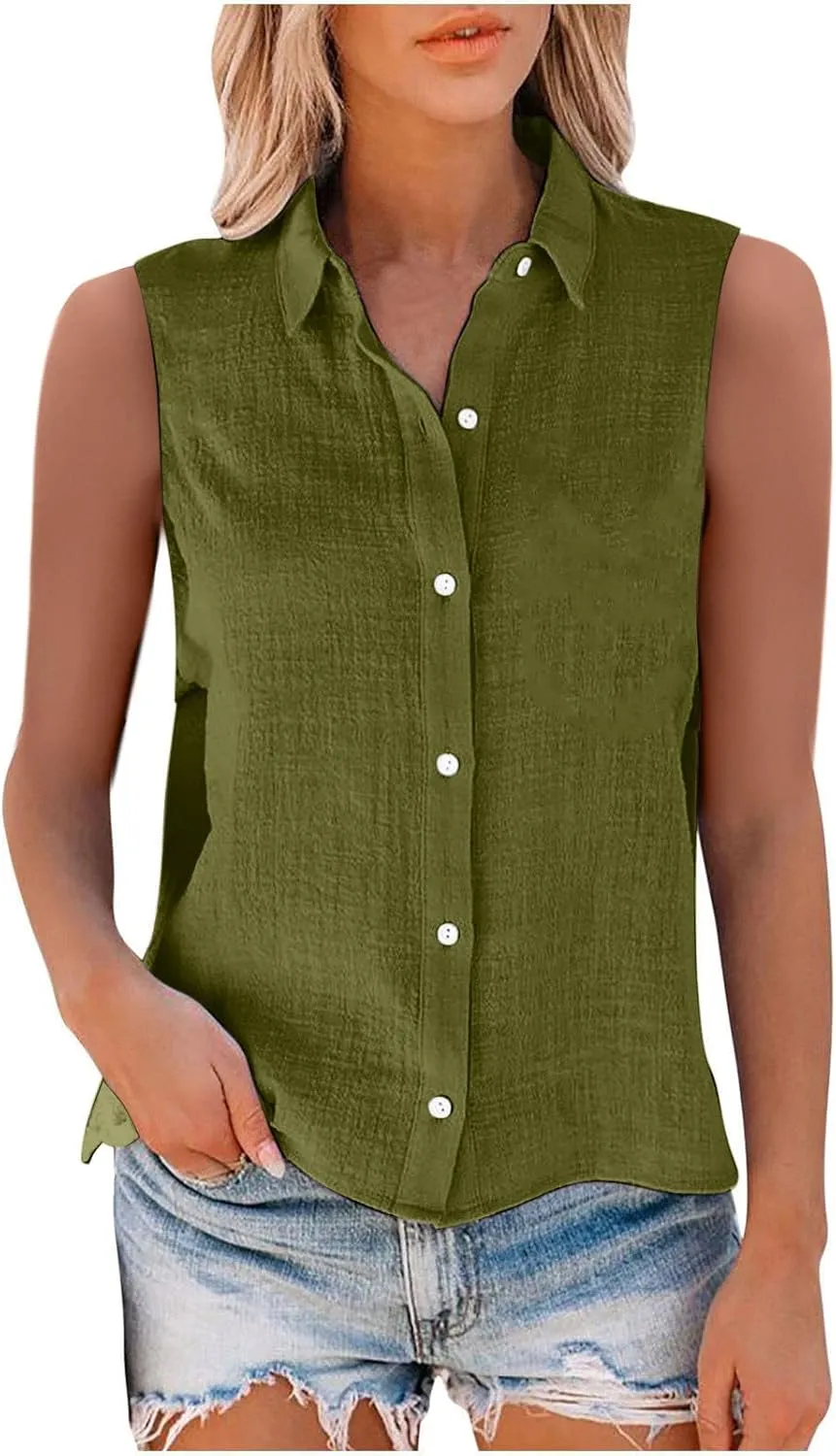 Cotton Linen Shirts for Women Sleeveless Collared Tops Oversized Button Up Blouses Work Shirts Casual Summer Tshirt