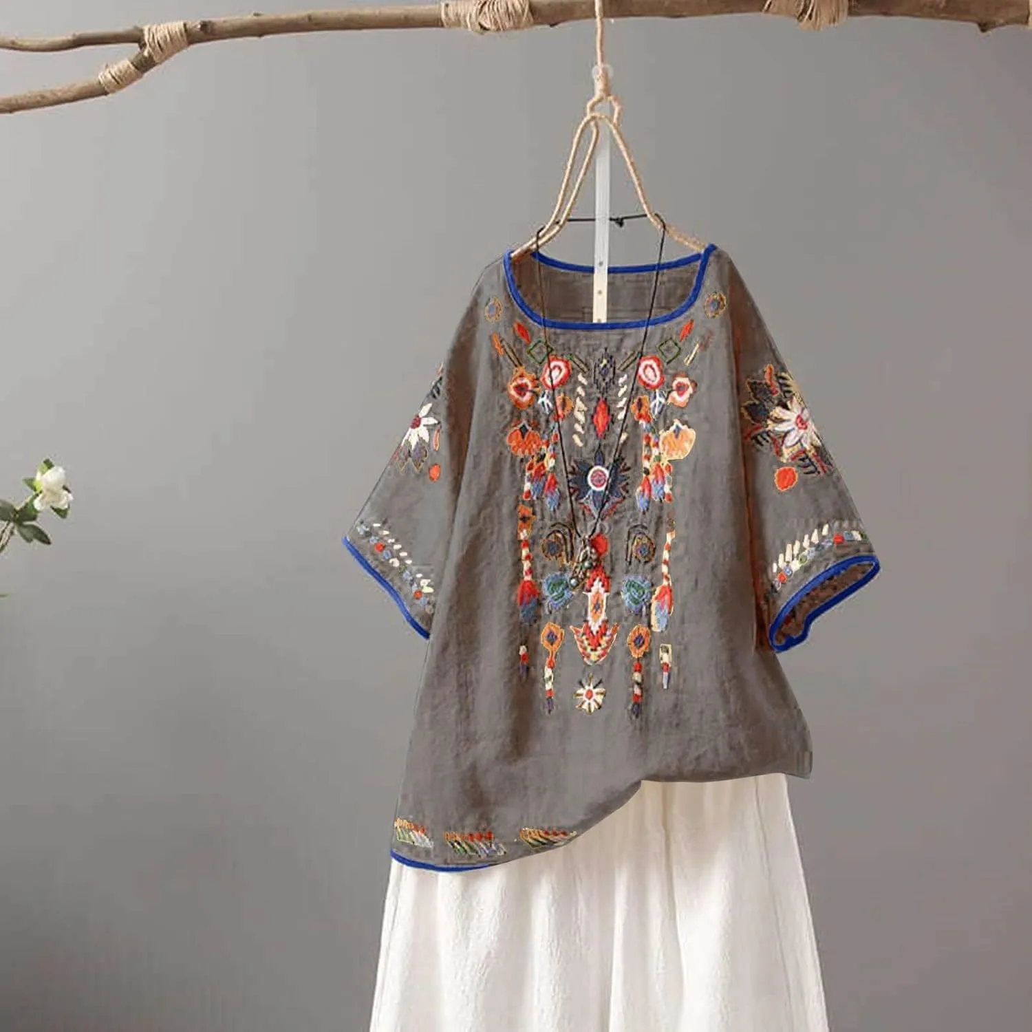 Cotton Linen Tops for Women 2024 Summer Boho Embroidered Mexican Blouse Plus Size Casual Crewneck Tee Shirts Tunics