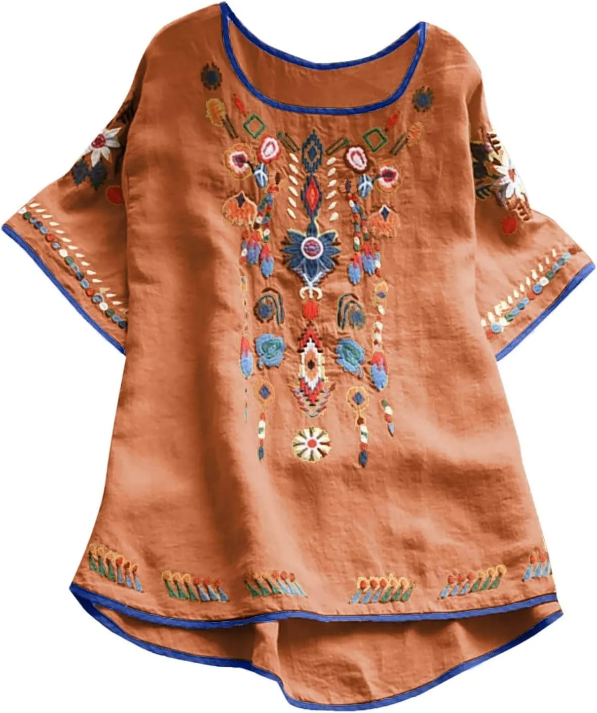 Cotton Linen Tops for Women 2024 Summer Boho Embroidered Mexican Blouse Plus Size Casual Crewneck Tee Shirts Tunics