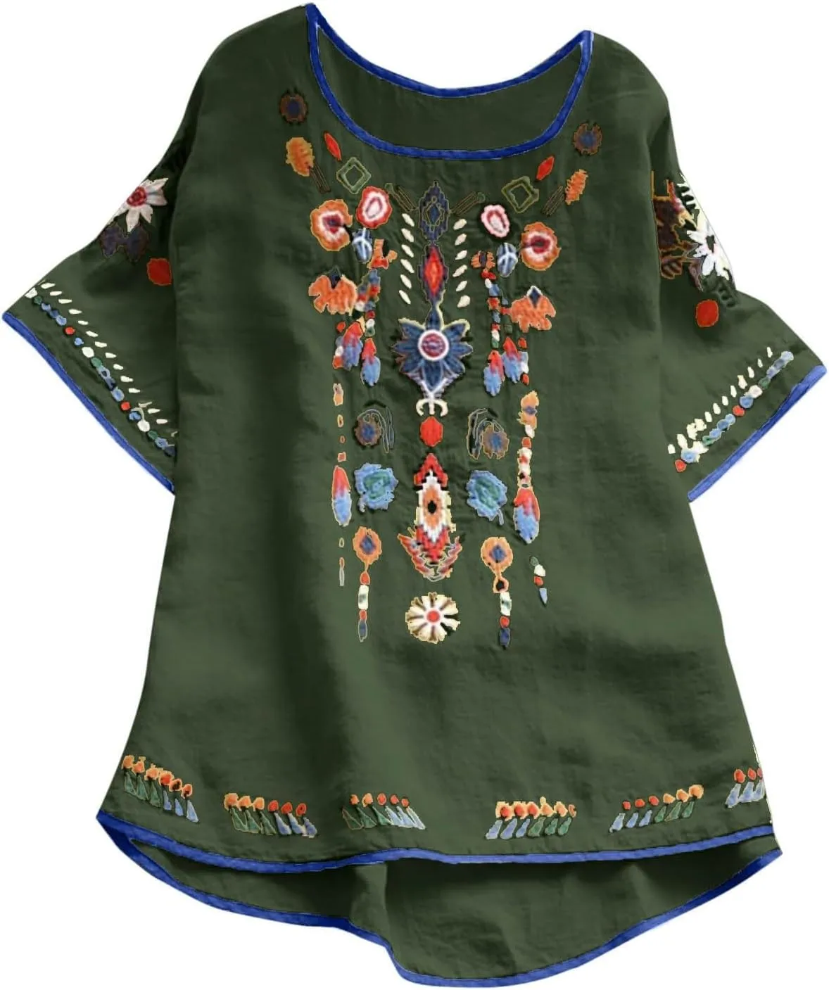 Cotton Linen Tops for Women 2024 Summer Boho Embroidered Mexican Blouse Plus Size Casual Crewneck Tee Shirts Tunics