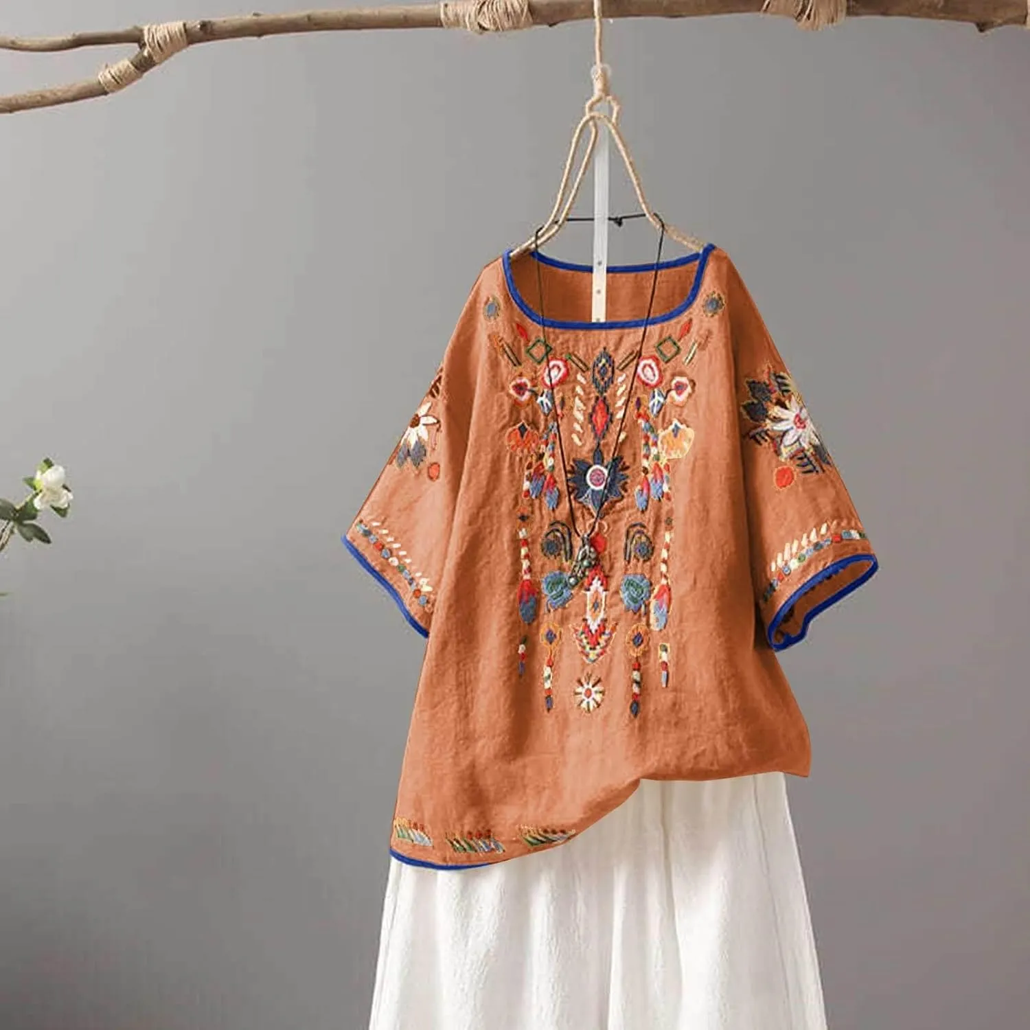 Cotton Linen Tops for Women 2024 Summer Boho Embroidered Mexican Blouse Plus Size Casual Crewneck Tee Shirts Tunics