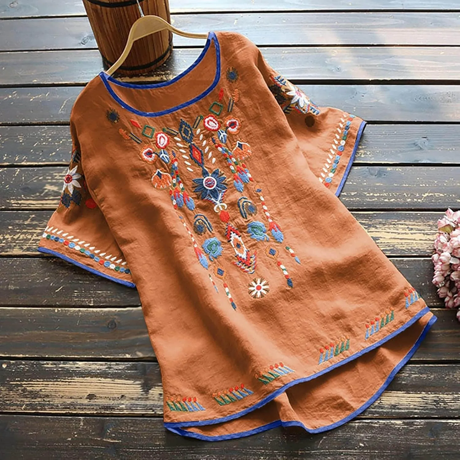 Cotton Linen Tops for Women 2024 Summer Boho Embroidered Mexican Blouse Plus Size Casual Crewneck Tee Shirts Tunics