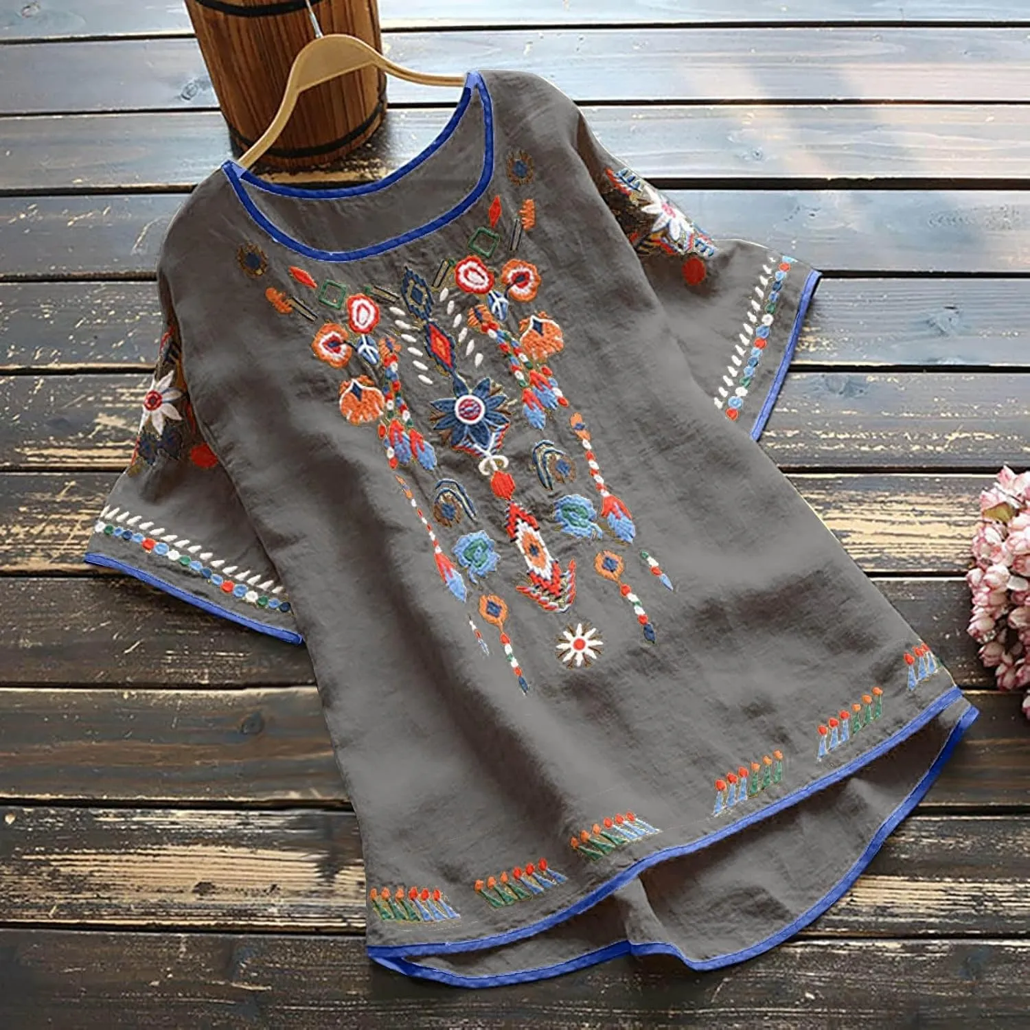 Cotton Linen Tops for Women 2024 Summer Boho Embroidered Mexican Blouse Plus Size Casual Crewneck Tee Shirts Tunics