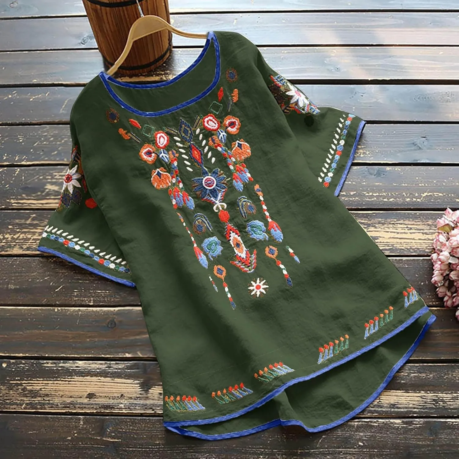 Cotton Linen Tops for Women 2024 Summer Boho Embroidered Mexican Blouse Plus Size Casual Crewneck Tee Shirts Tunics