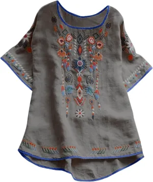 Cotton Linen Tops for Women 2024 Summer Boho Embroidered Mexican Blouse Plus Size Casual Crewneck Tee Shirts Tunics
