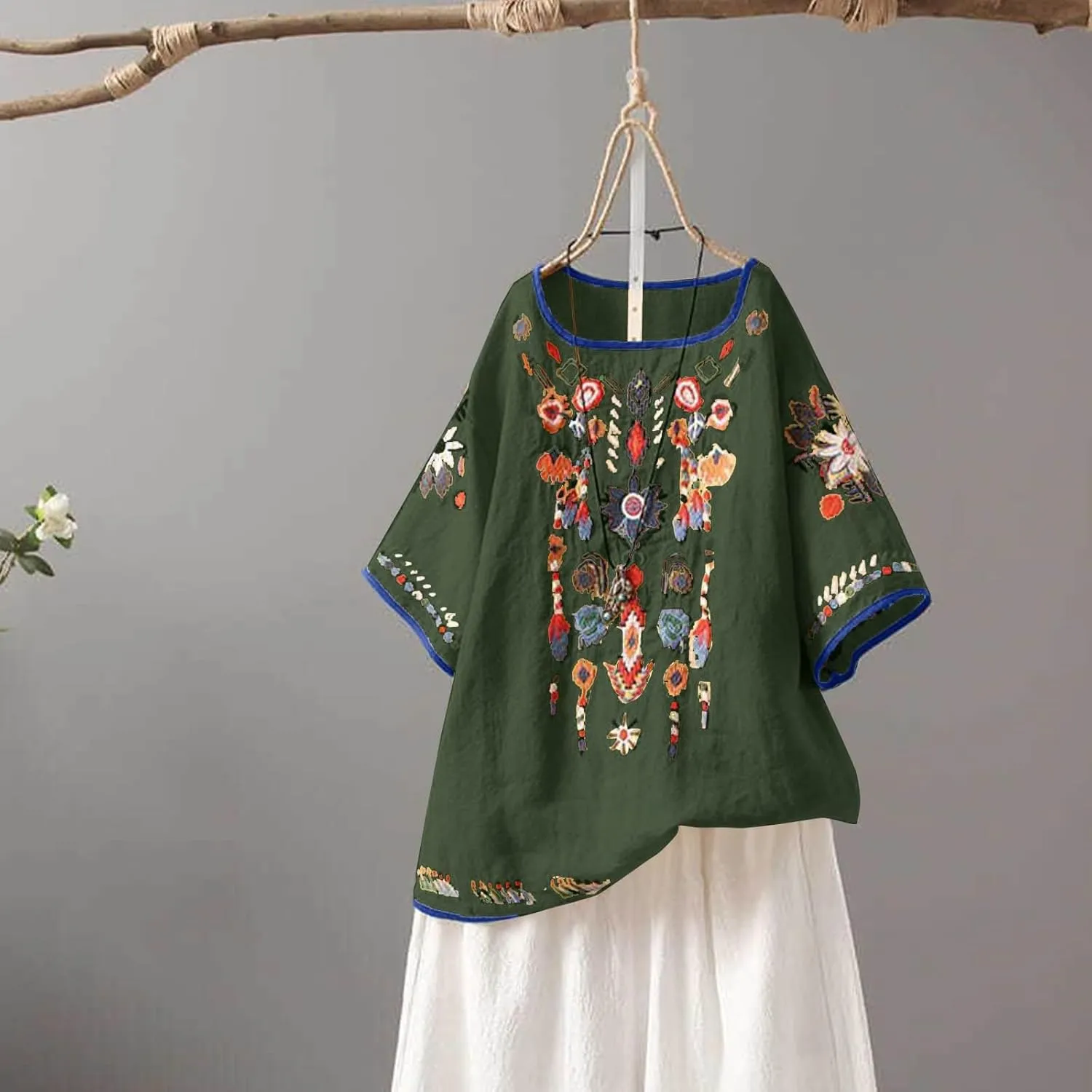 Cotton Linen Tops for Women 2024 Summer Boho Embroidered Mexican Blouse Plus Size Casual Crewneck Tee Shirts Tunics