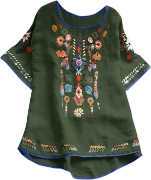 Cotton Linen Tops for Women 2024 Summer Boho Embroidered Mexican Blouse Plus Size Casual Crewneck Tee Shirts Tunics