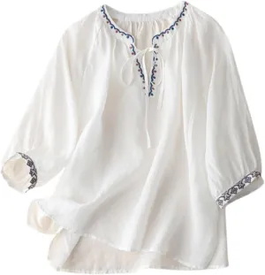 Cotton Linen Tops for Women Trendy Embroidered Blouses Short Sleeve Crew Neck Boho Tunic Tops Casual Loose T-Shirt