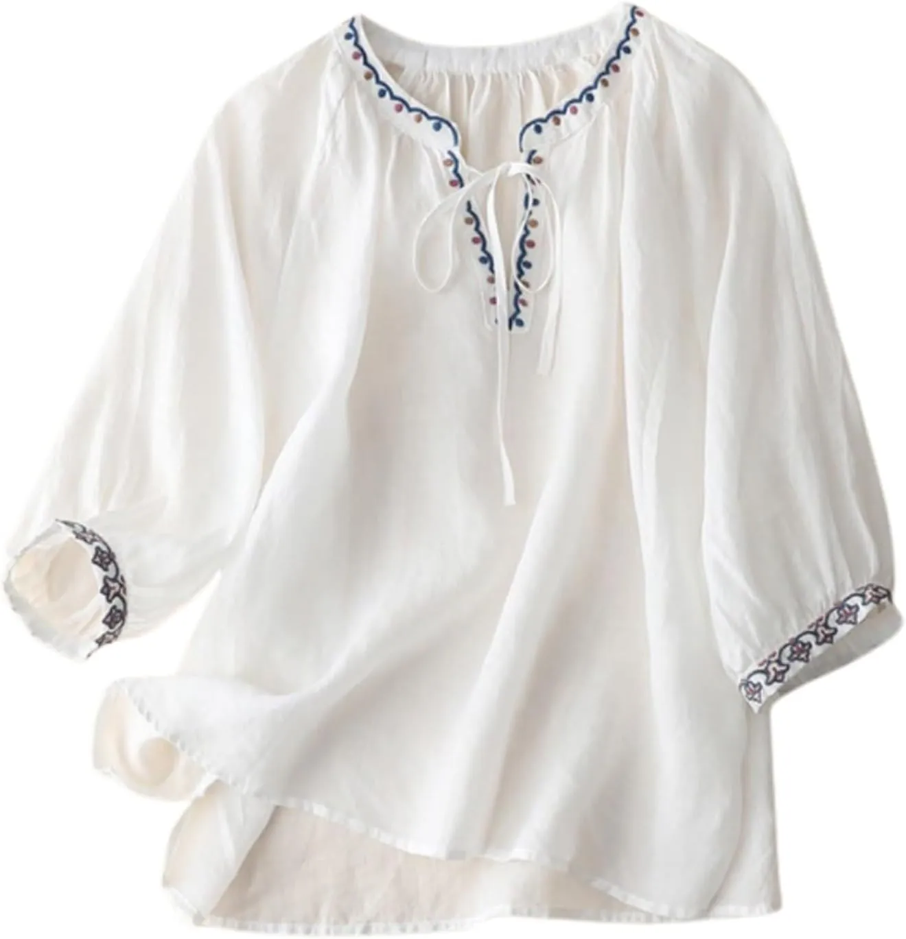 Cotton Linen Tops for Women Trendy Embroidered Blouses Short Sleeve Crew Neck Boho Tunic Tops Casual Loose T-Shirt