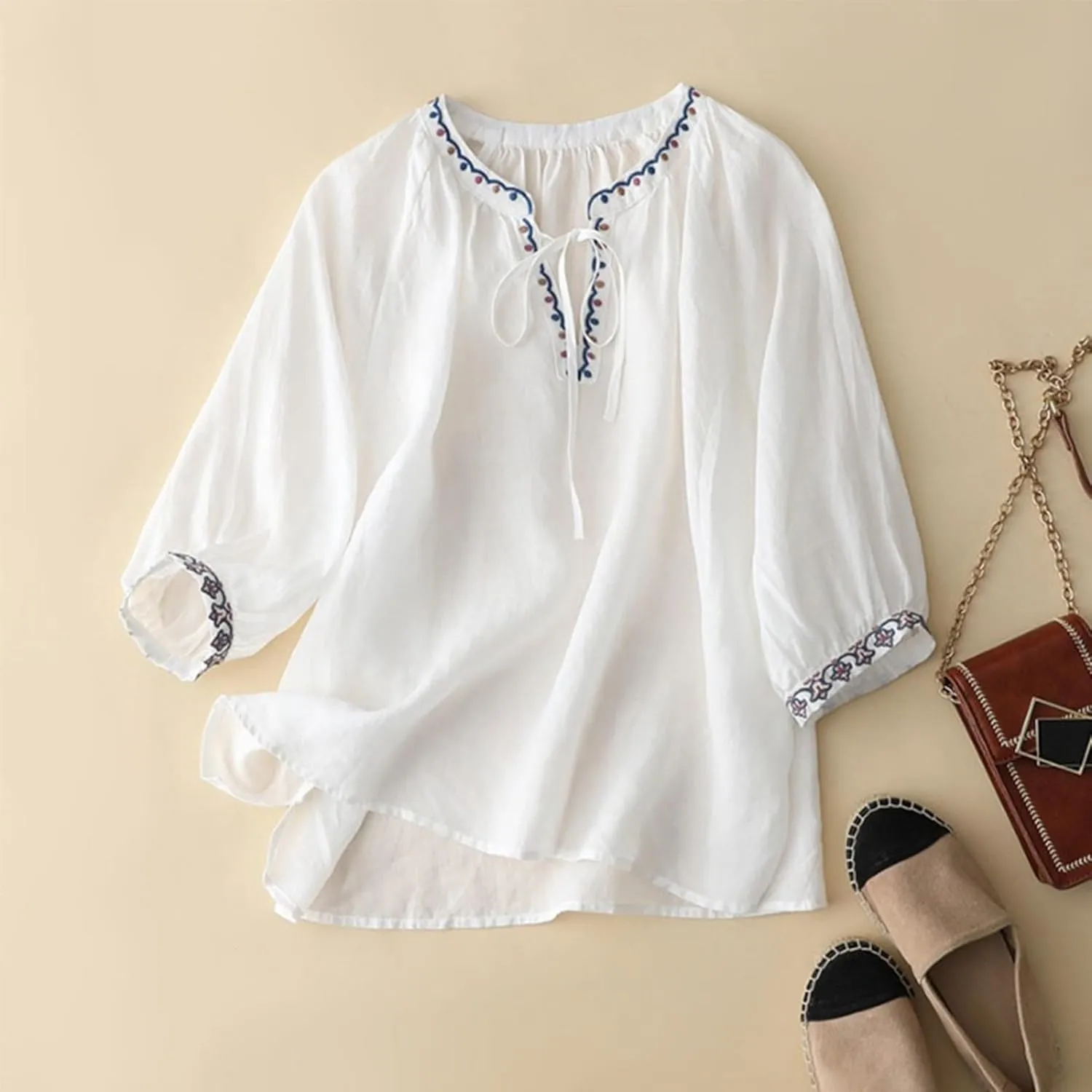 Cotton Linen Tops for Women Trendy Embroidered Blouses Short Sleeve Crew Neck Boho Tunic Tops Casual Loose T-Shirt