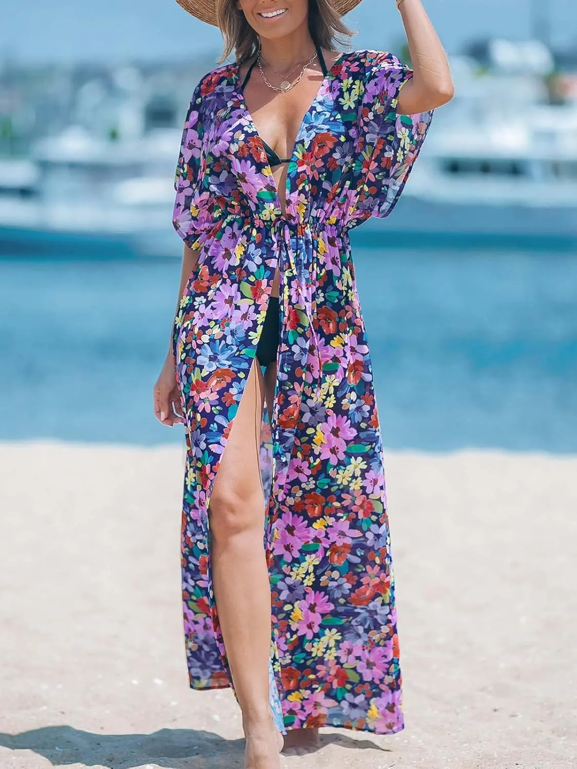 CUPSHE Kimono Swimsuit Coverup for Women Open Front Striped Maxi Cardigan Beach Cover Up