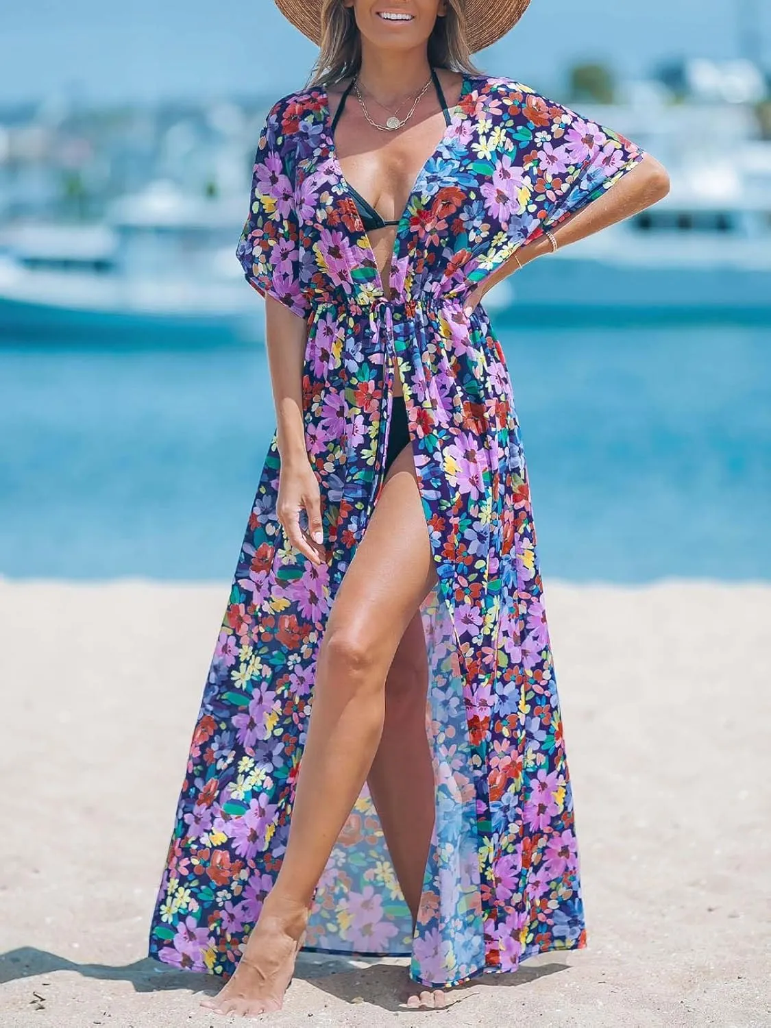 CUPSHE Kimono Swimsuit Coverup for Women Open Front Striped Maxi Cardigan Beach Cover Up