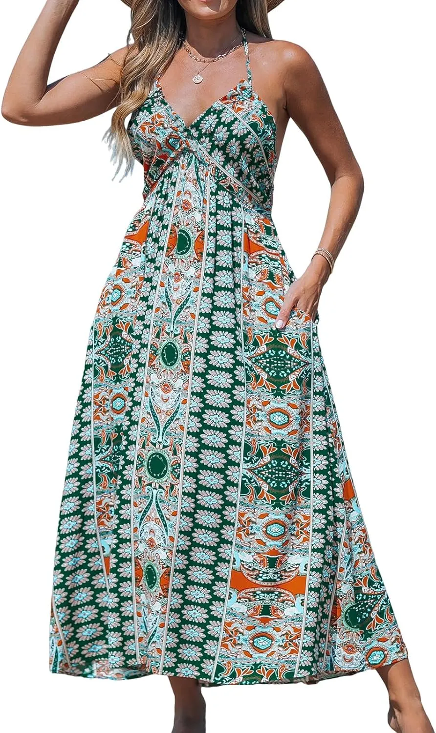 CUPSHE Women Backless Floral Summer Dress Plunging V Halter Neck Spaghetti Strap Ruffle Casual Beach Holiday Maxi Dress