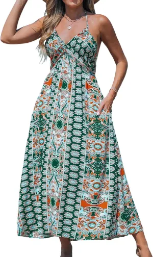 CUPSHE Women Backless Floral Summer Dress Plunging V Halter Neck Spaghetti Strap Ruffle Casual Beach Holiday Maxi Dress