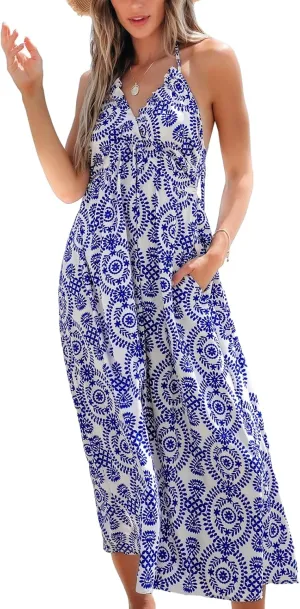 CUPSHE Women Backless Floral Summer Dress Plunging V Halter Neck Spaghetti Strap Ruffle Casual Beach Holiday Maxi Dress