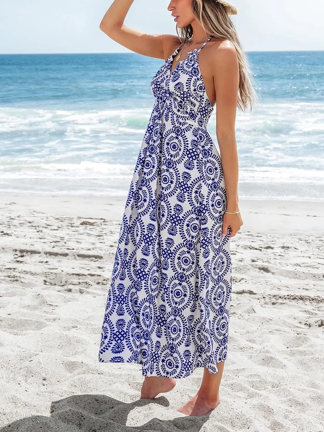 CUPSHE Women Backless Floral Summer Dress Plunging V Halter Neck Spaghetti Strap Ruffle Casual Beach Holiday Maxi Dress
