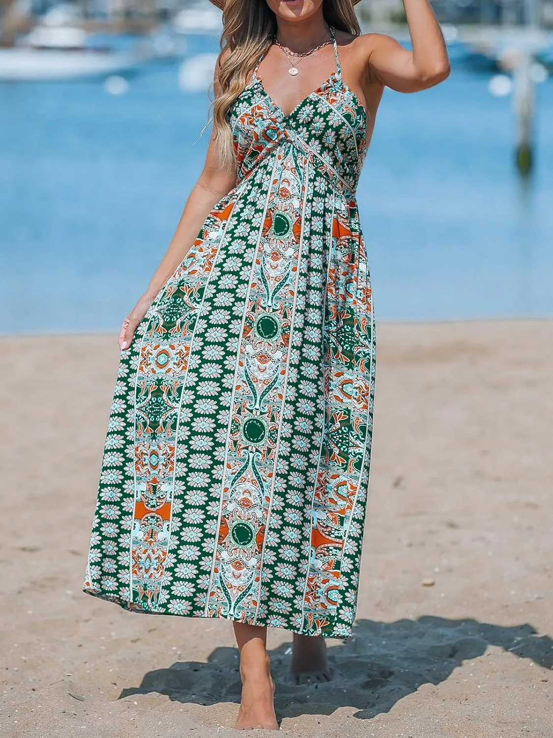 CUPSHE Women Backless Floral Summer Dress Plunging V Halter Neck Spaghetti Strap Ruffle Casual Beach Holiday Maxi Dress