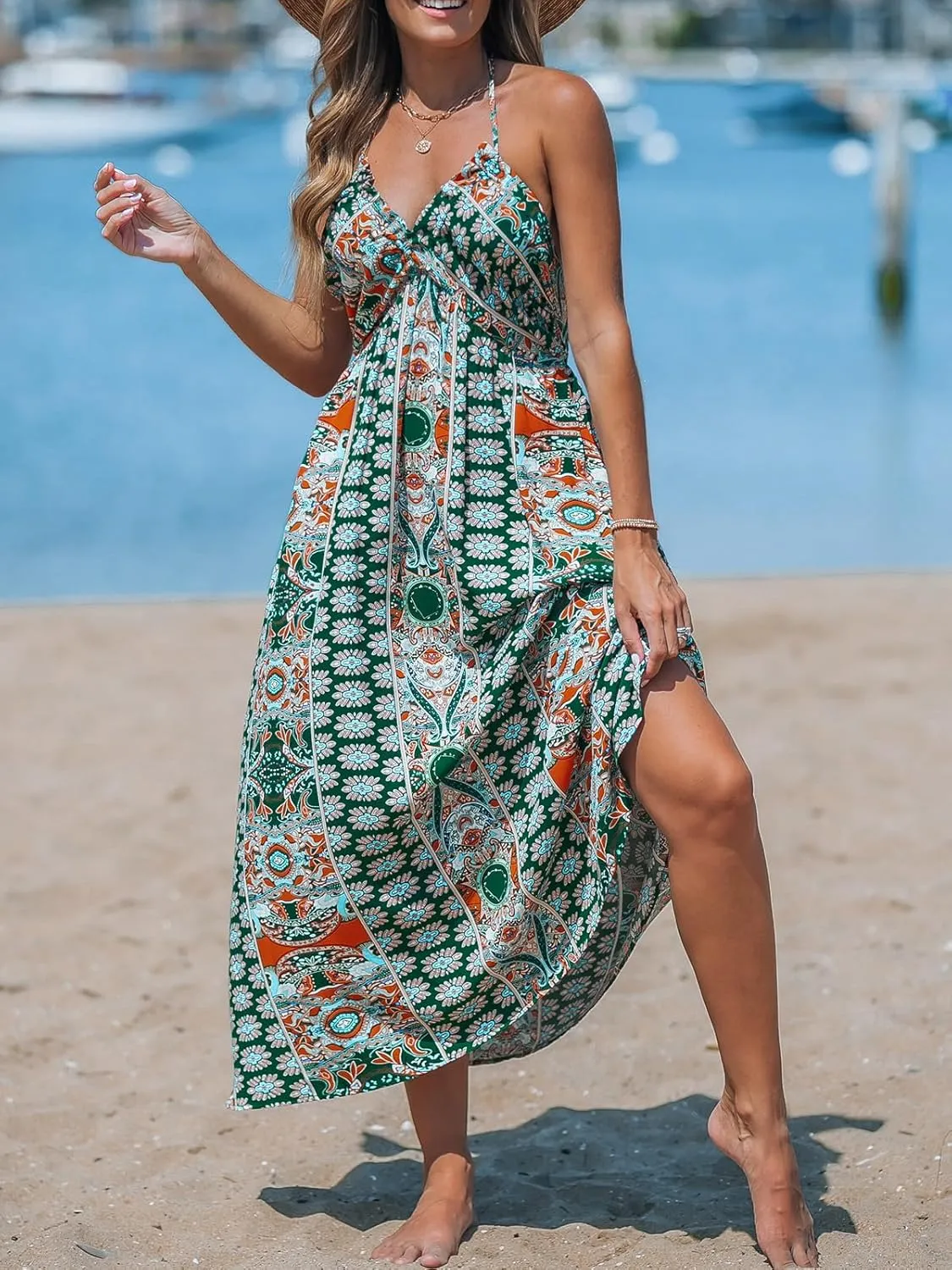 CUPSHE Women Backless Floral Summer Dress Plunging V Halter Neck Spaghetti Strap Ruffle Casual Beach Holiday Maxi Dress