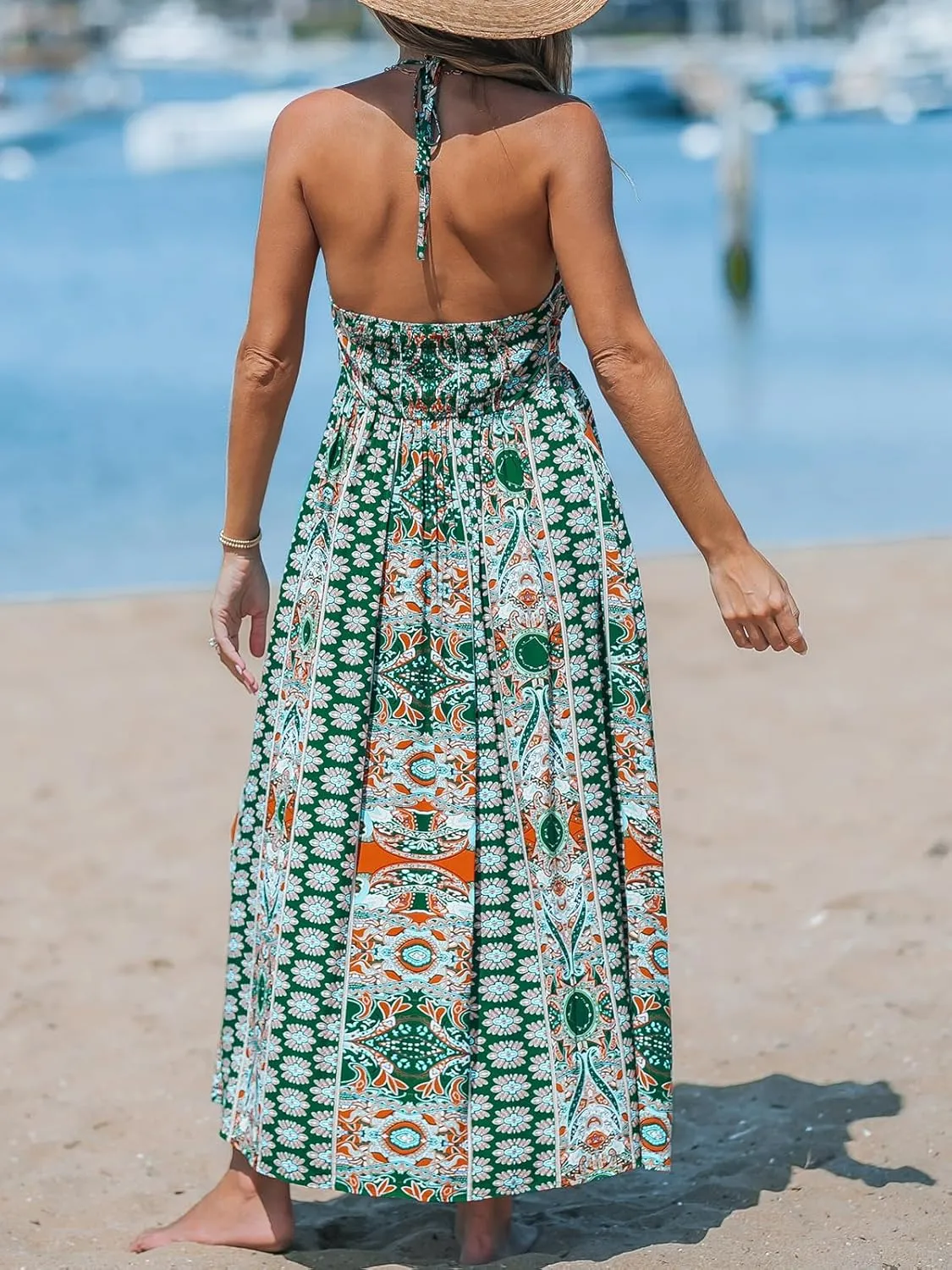 CUPSHE Women Backless Floral Summer Dress Plunging V Halter Neck Spaghetti Strap Ruffle Casual Beach Holiday Maxi Dress
