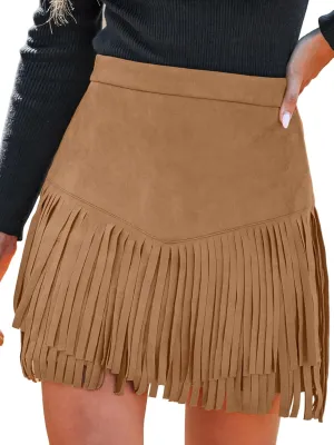 CUPSHE Women Skirts Terra Cotta High Waist Fringe Mini Skirt Short Skirts
