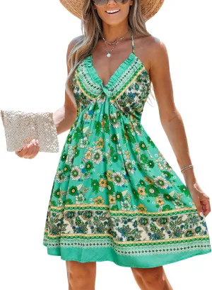 CUPSHE Women's Backless Halter Beach Dress Boho Ruffle Plunge V Neck Mini Sundress Summer Dresses