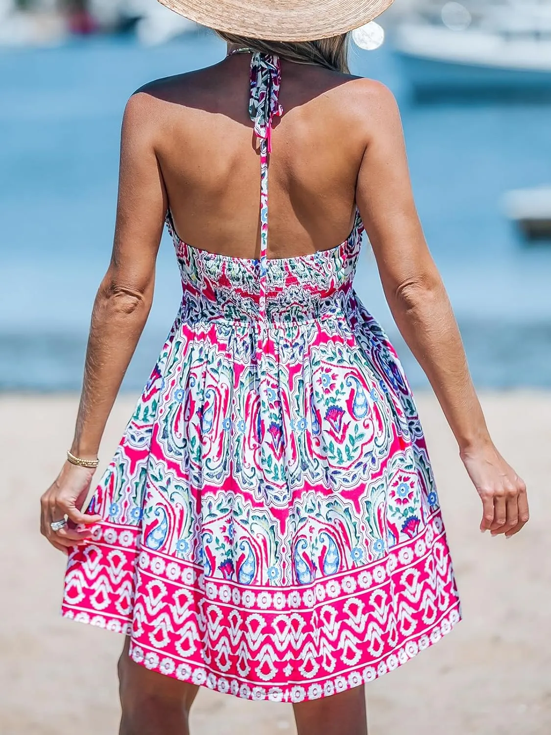 CUPSHE Women's Backless Halter Beach Dress Boho Ruffle Plunge V Neck Mini Sundress Summer Dresses