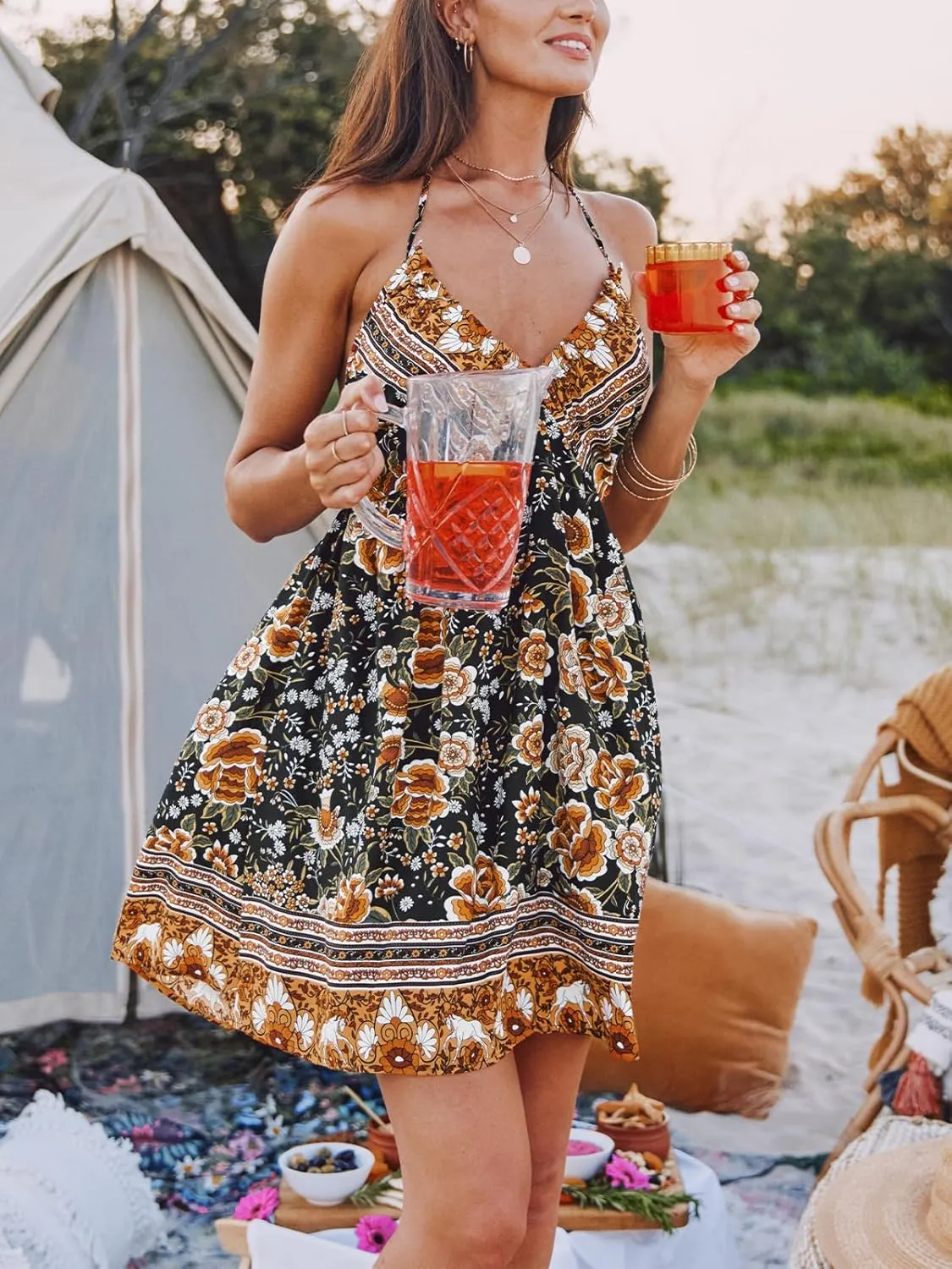 CUPSHE Women's Backless Halter Beach Dress Boho Ruffle Plunge V Neck Mini Sundress Summer Dresses