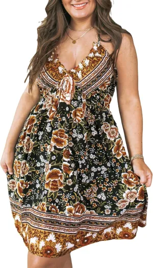 CUPSHE Women's Backless Halter Beach Dress Boho Ruffle Plunge V Neck Mini Sundress Summer Dresses