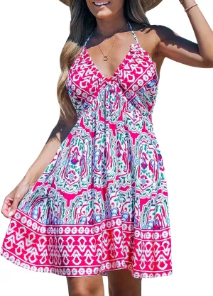 CUPSHE Women's Backless Halter Beach Dress Boho Ruffle Plunge V Neck Mini Sundress Summer Dresses