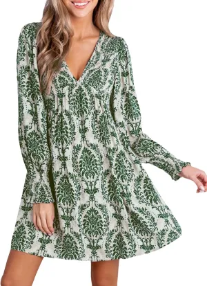 CUPSHE Women's Mini Dress Smocked V Neck Long Sleeve Empire Waist Casual A Line Dress