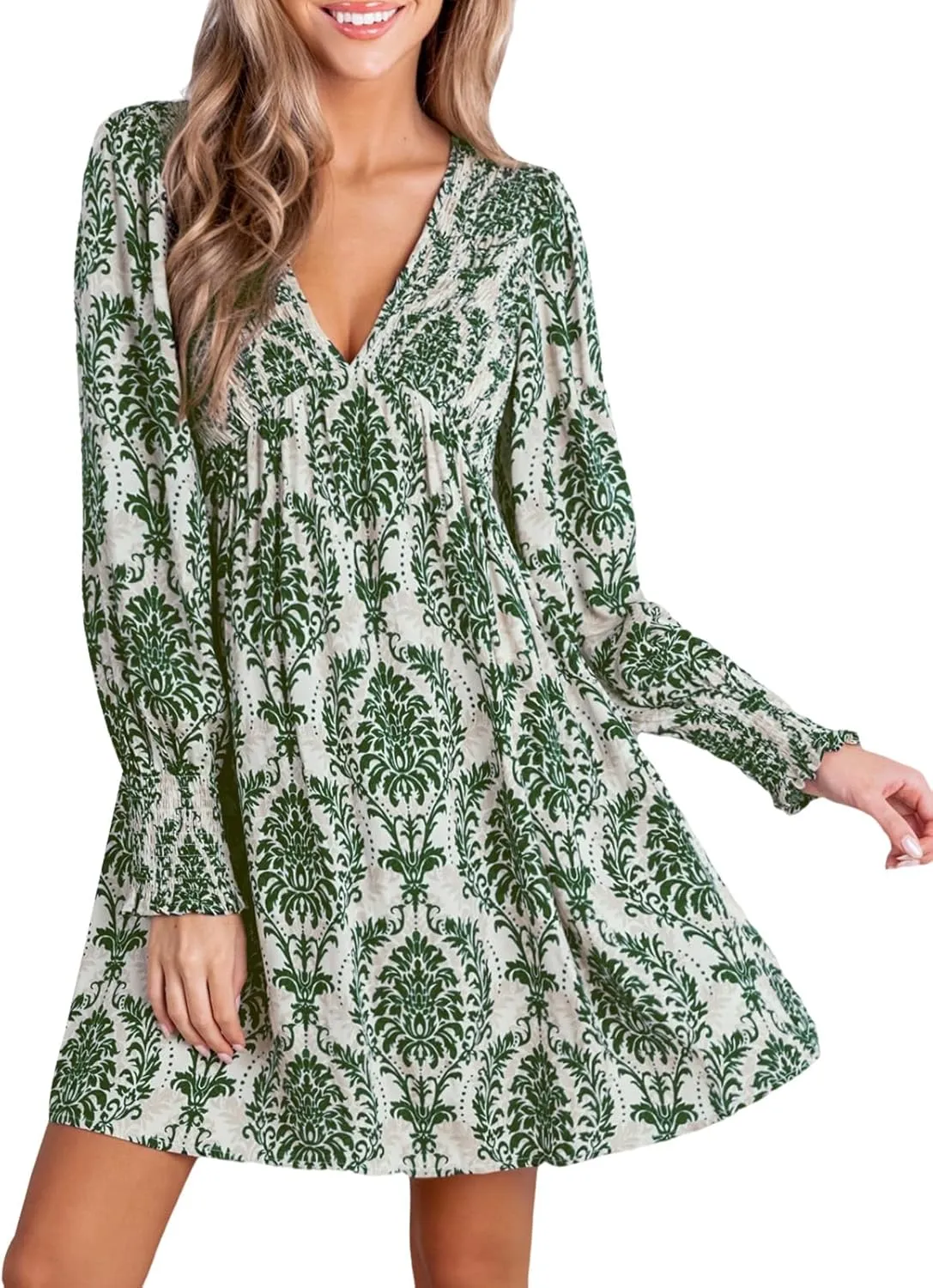 CUPSHE Women's Mini Dress Smocked V Neck Long Sleeve Empire Waist Casual A Line Dress